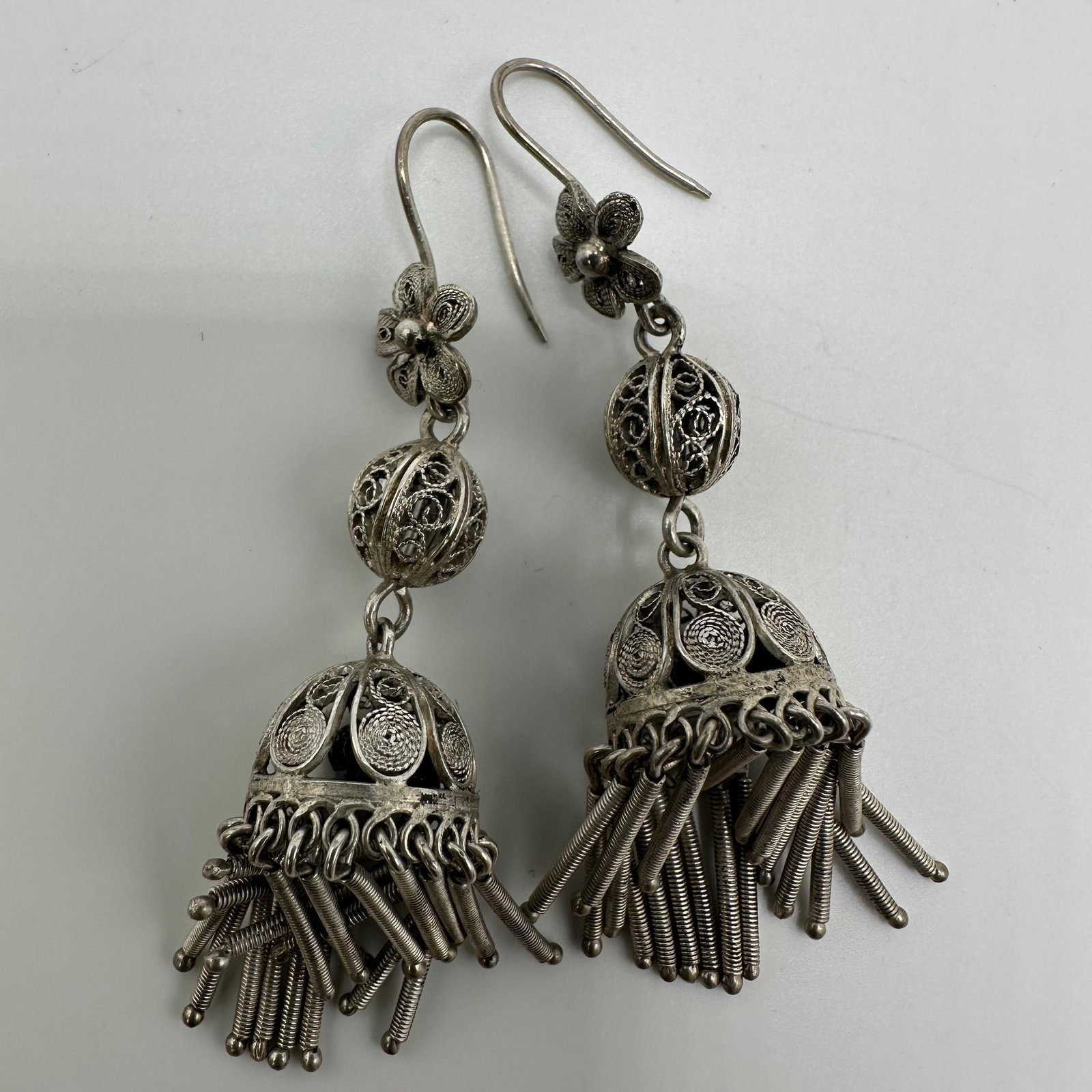 800 Silver Filigree Tassel Chandelier Earrings Traditional Cannetille Style Design: This item is in good pre-owned, previously used/displayed condition with noticeable light wear and surface scratches. Please reference all photos for full details. This piece of jewelry has been teste