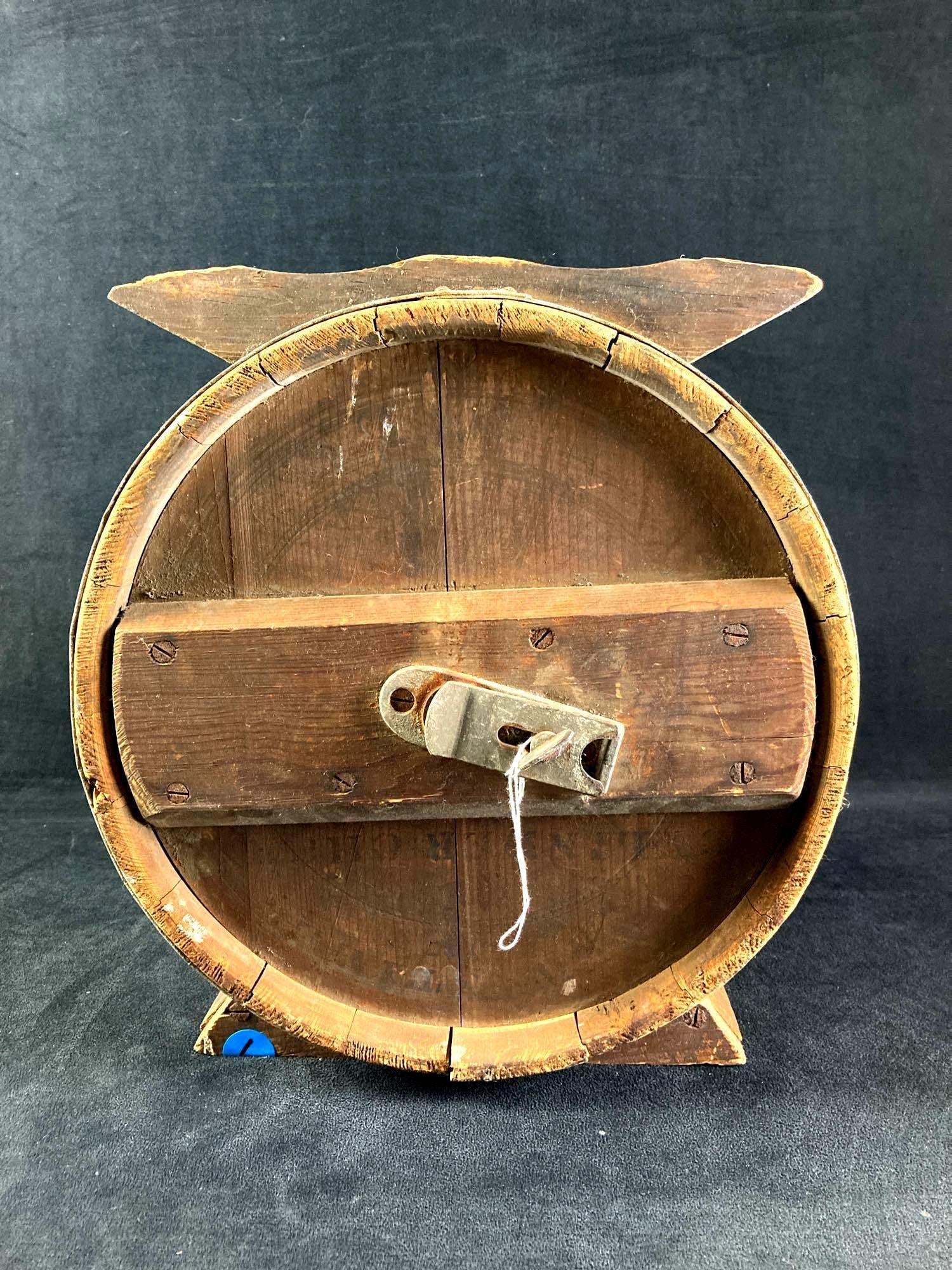 Small Rustic Barrel: Up for auction is a recent estate find, a small rustic barrel. The sketched label is difficult to read. This auction includes: (1) Small Rustic Barrel Condition is used and shows evidence of aging.