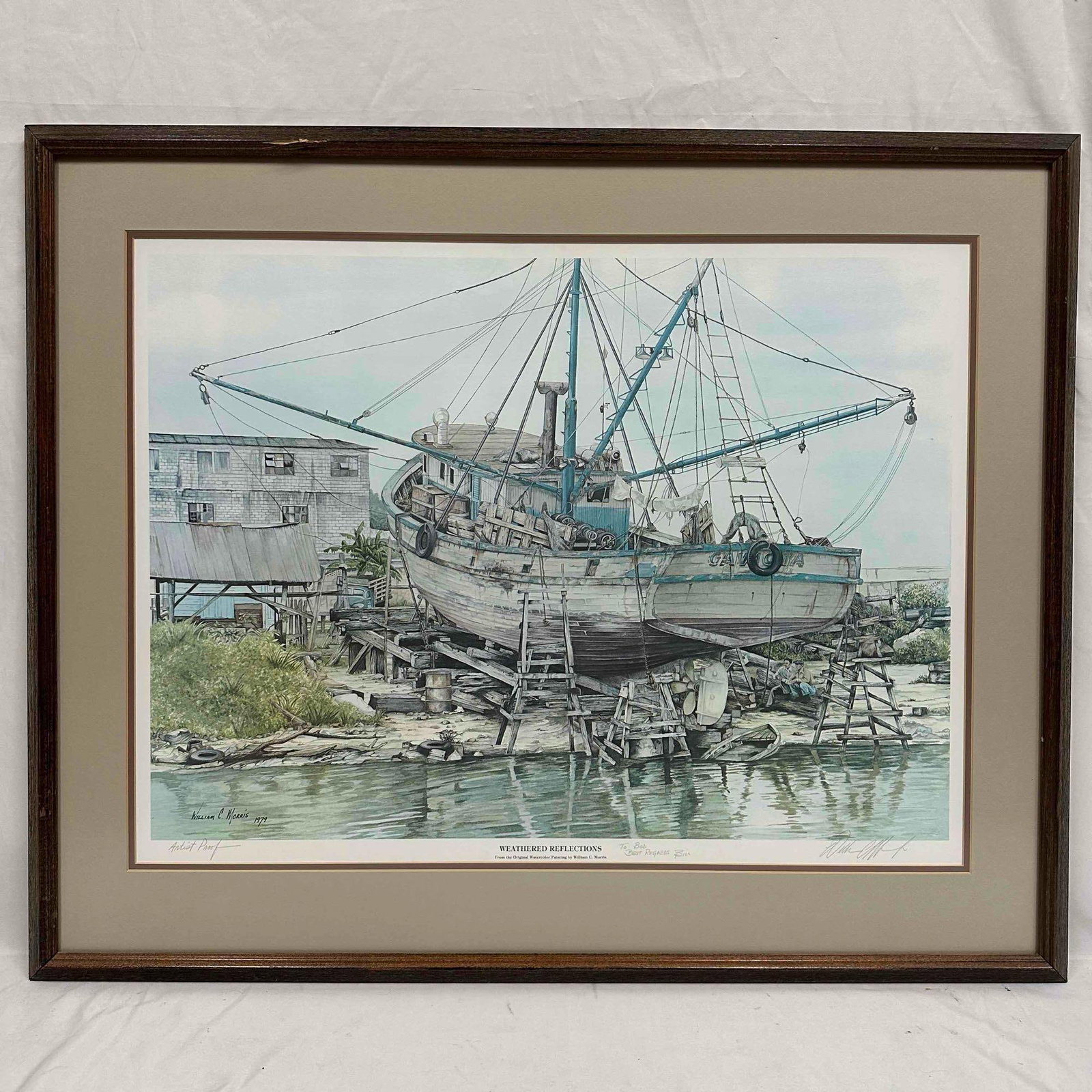 William C. Morris Weathered Reflections 1979 Artist Proof Framed Art Print: Artist Proof Signed by the artist in the bottom right corner. Written on the center bottom of the print reads, "To Bob Best Regards Bill". Minor tear in the dust cover brown backing paper and 