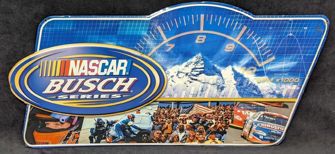 NASCAR Busch Beer Series Metal Sign: NASCAR Busch Beer Series Metal Sign. This is approx 31" x 16" and it weighs 1lb. This metal sign has some scratches and light creases/dents, mostly on the edges. Please see the images as they 