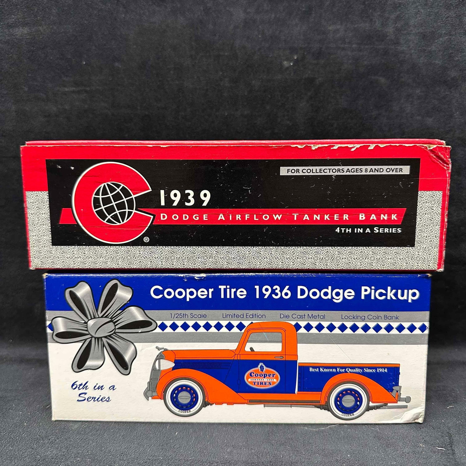 Dodge Copper Tire 1936 and Airflow Tanker 1939 Die Cast Metal Coin Bank: Dodge Copper Tire 1936 and Airflow Tanker 1939 Die Cast Metal Coin Bank. Both die cast metal coin banks come with original boxes. These items are in like new, previously displayed condition with norma