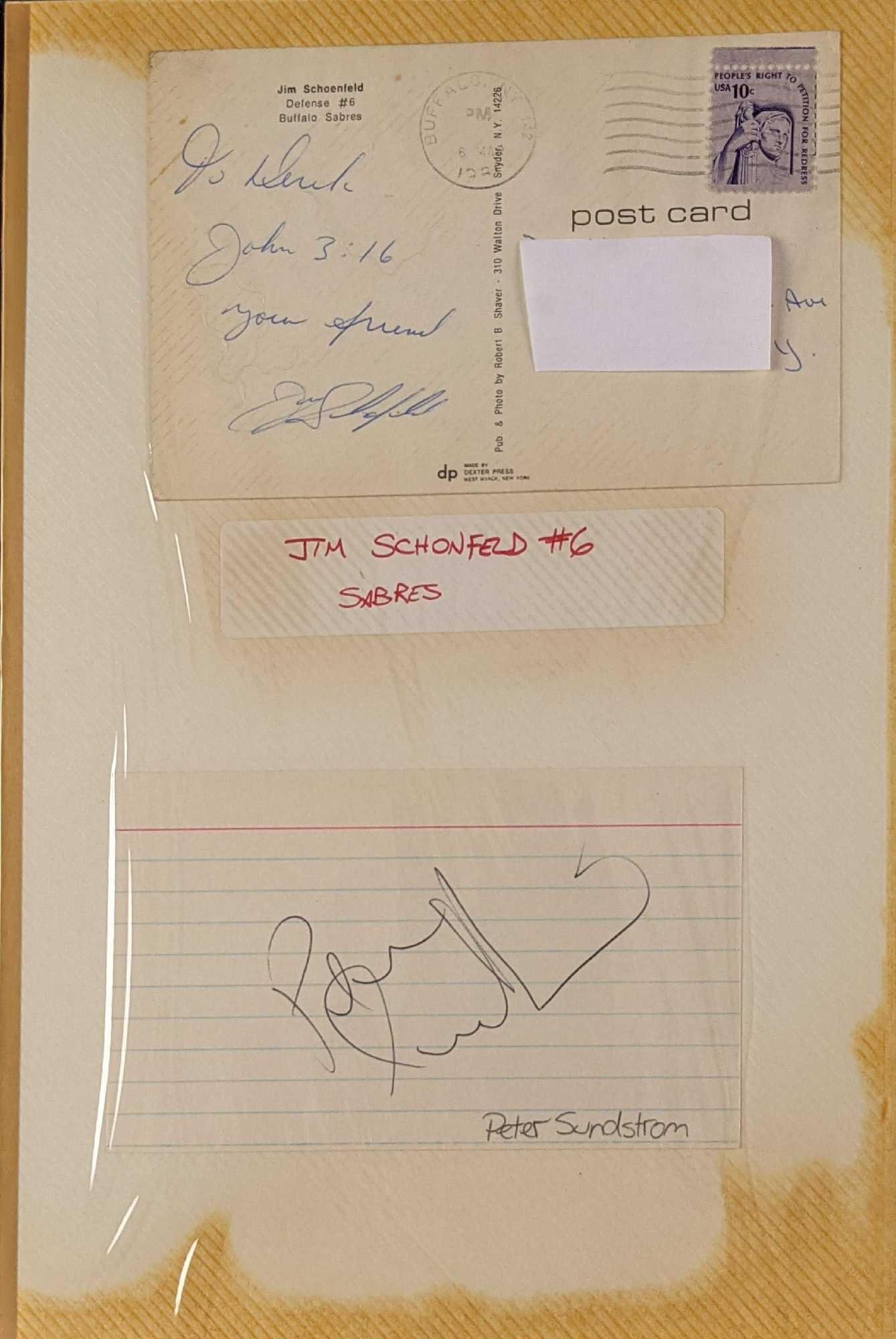 Autographed Hockey Gare Ramsey Schoenfeld Sundstrom Postcards: This page of hockey autographs includes autographed photos, and cards of: (1) Danny Gare (Sabres) Autographed Post Card. (1) Mike Ramsey (Sabres) Autographed Post Card. (1) Jim Schoenf