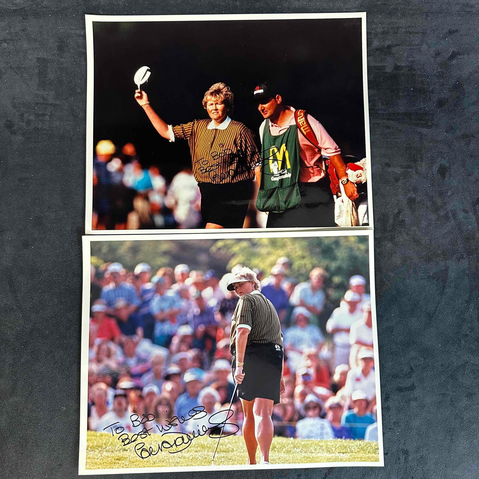 Lot of 2 Laura Davies Autographed Golf Photos LPGA Champion Signed To Bob Best Wishes: Pair of color photographs signed by legendary LPGA golfer Laura Davies. Each photo is inscribed “To Bob, Best Wishes” with a bold signature. Clear images capturing Davies in action on the 