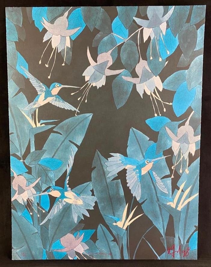 Birds of Paradise IV Lithograph: "Birds of Paradise IV" Lithograph Lithograph print titled Birds of Paradise IV, signed and numbered by an unknown artist. The piece features hummingbirds buzzing around a group of flowers, all