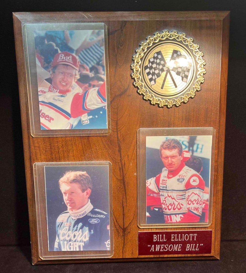 Bill Elliott "Awesome Bill" Wood Wall Plaque: This lot contains a Bill Elliott "Awesome Bill" Wood Wall Plaque. It is approx 10 1/4" x 8 1/4" and it weighs about 1.3lbs. Overall the Wall Plaque is in good used condition with some light wear from 
