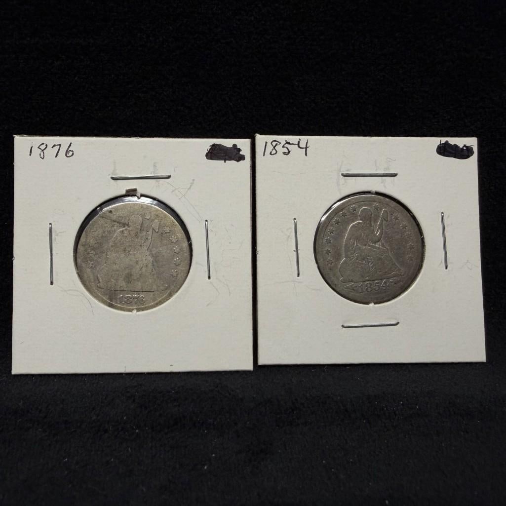 1854 and 1876 US Silver Quarter Seated Liberty: These coins have been tested and researched to the best of our ability prior to listing. Please view photos, as they are a part of the condition. DETAILS: Metal - .900 Silver Tested - Yes