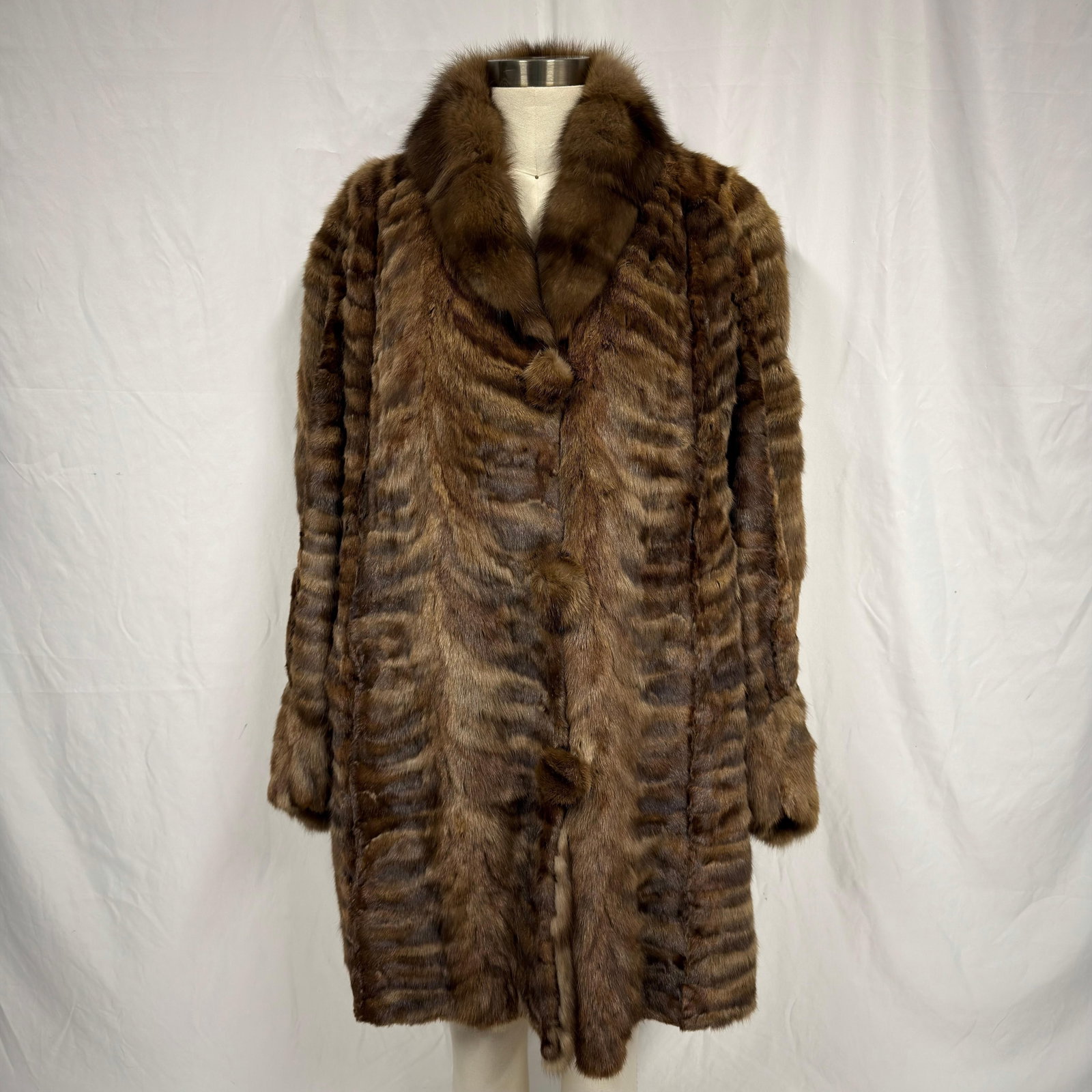 Marten Fur Coat Brown Patterned Plush Shawl Collar FurMM (1 of 8)
