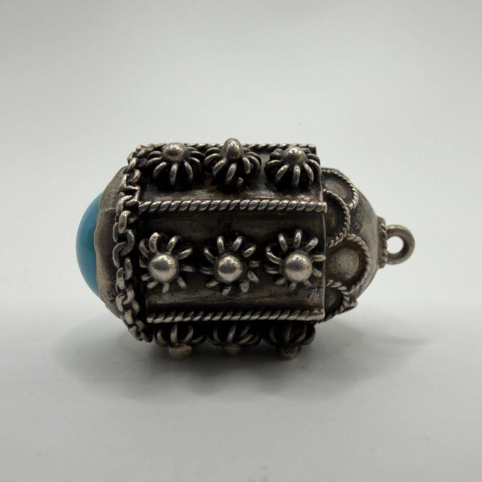 Faux Turquoise Etruscan Revival Style Pendant Fob Charm Unmarked Silver: This item is in good pre-owned, previously used/displayed condition with noticeable light wear and surface scratches. Please reference all photos for full details. This piece of jewelry has been caref