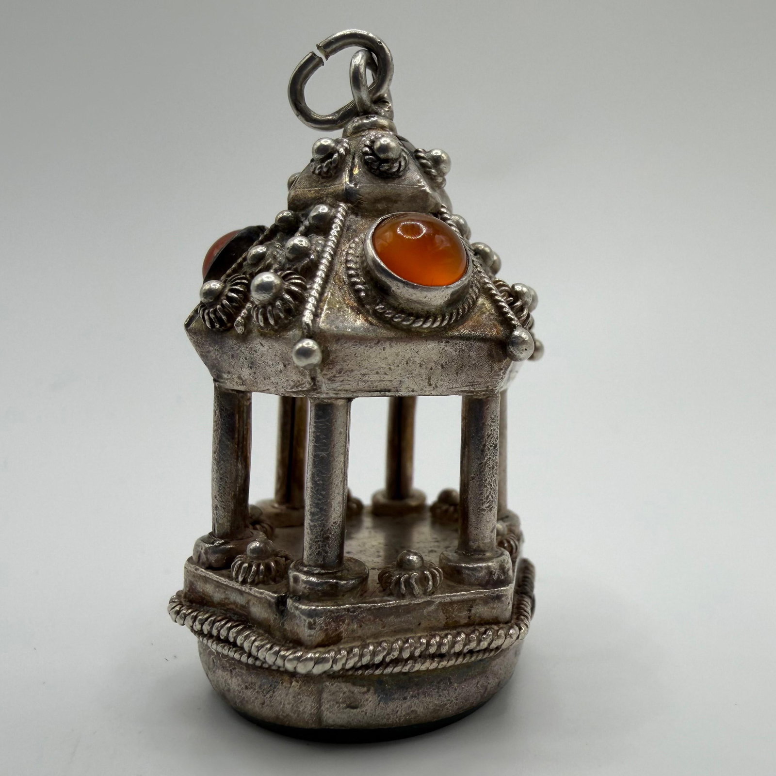 Green and Orange Agate Gazebo Lantern Style Fob Silver Charm ER85: This item is in good pre-owned, previously used/displayed condition with noticeable light wear and surface scratches. Please reference all photos for full details. This piece of jewelry has been caref