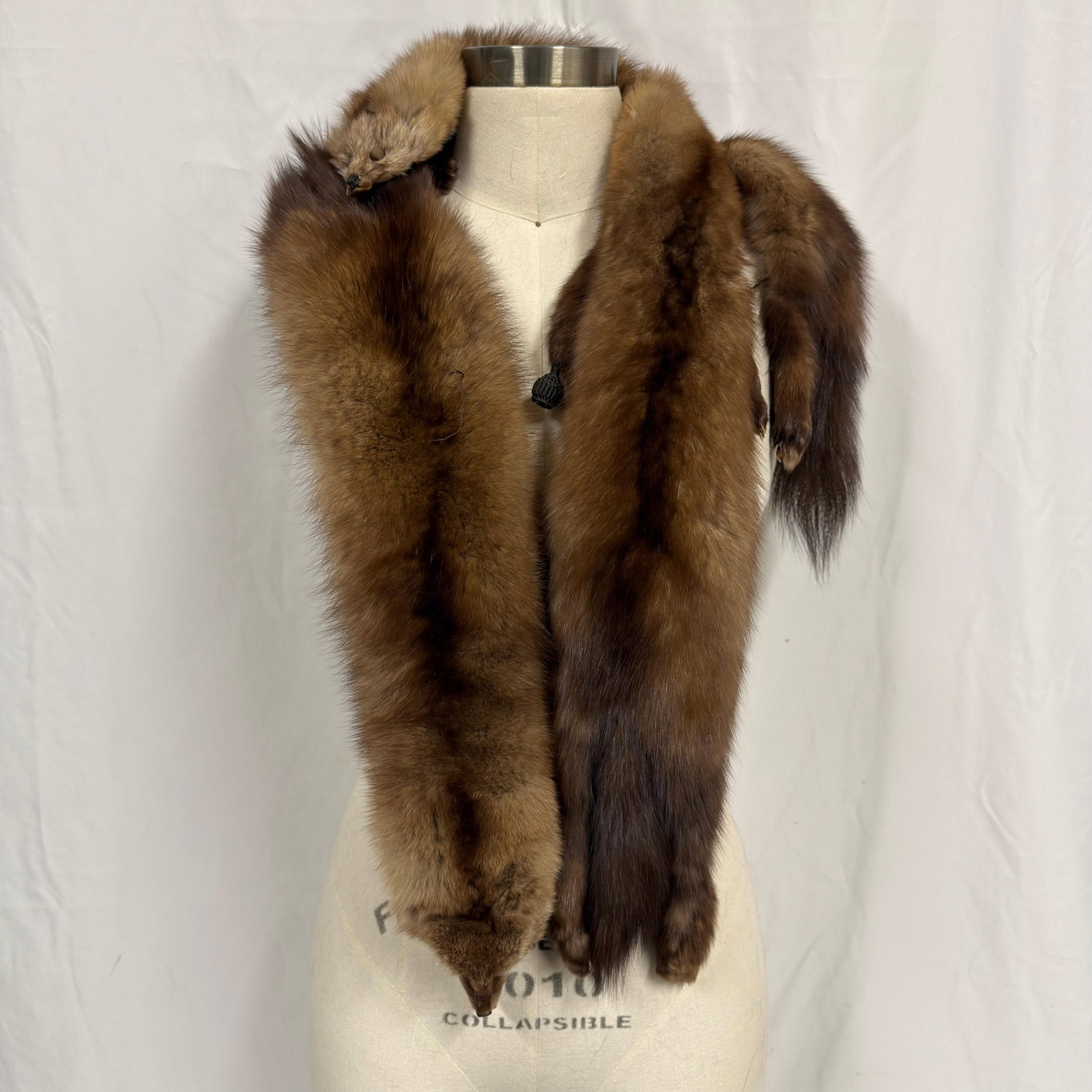 Three Full Bodied Sable Fur Animal Scarf Piece Button Eyes: The fur scarf appears to be crafted from genuine natural fur and retains excellent volume and softness. Overall, the Fur Scarf is in good pre-owned condition, with some light wear from storage and age