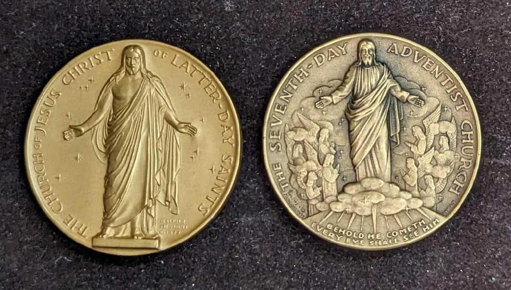 Vintage Ralph Menconi Church Of Jesus Christ & Seventh Day Adventist Bronze Medals: Vintage Ralph Menconi Church Of Jesus Christ & Seventh Day Adventist Bronze Medals. Part of the "Great Religions Of The World" series. Each coin is approx 1 3/4" x 1 3/4" x 1/8". The total weight is