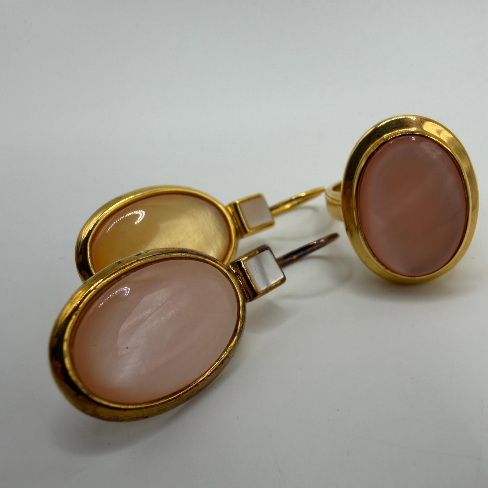 Pink Coral Cabochons Gold Plated Sterling 925 Earrings and Ring Set: This item is in good pre-owned, previously used/displayed condition with noticeable light wear and surface scratches. Please reference all photos for full details. This piece of jewelry has been caref