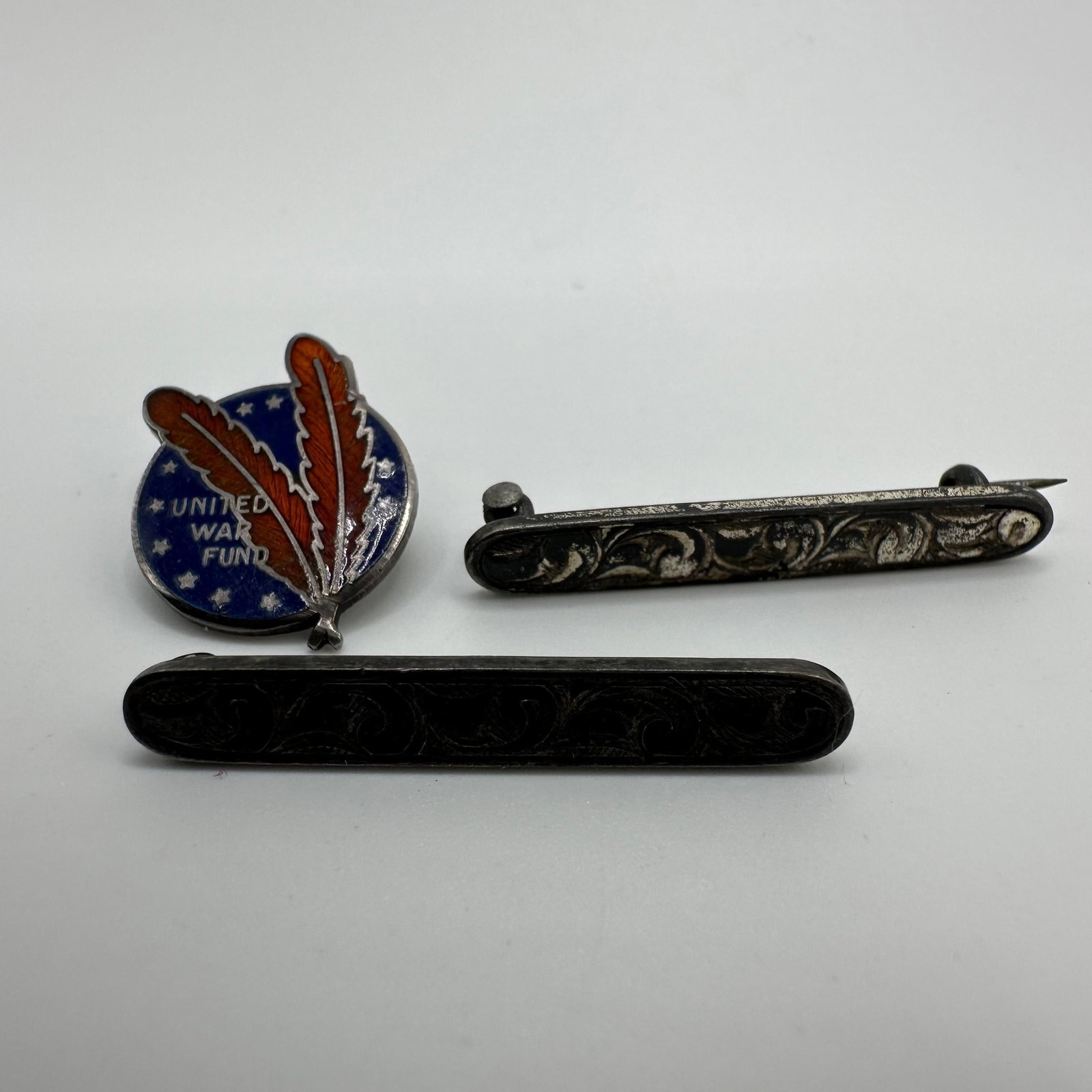 Sterling Silver Pins Brooch Set United War Fund Enamel: This item is in good pre-owned, previously used/displayed condition with noticeable light wear and surface scratches. Please reference all photos for full details. This piece of jewelry has been teste