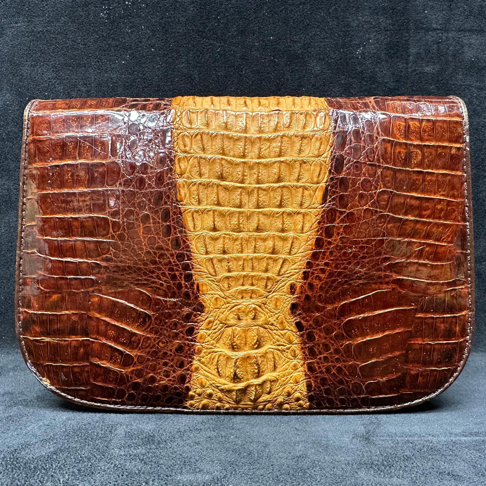 Vintage Crocodile Leather Clutch Shoulder Bag with Detachable Strap: Vintage clutch or small shoulder bag crafted from genuine crocodile leather, featuring a two-tone brown and tan exterior with natural scale patterning. The bag opens to a leather-lined interior with m
