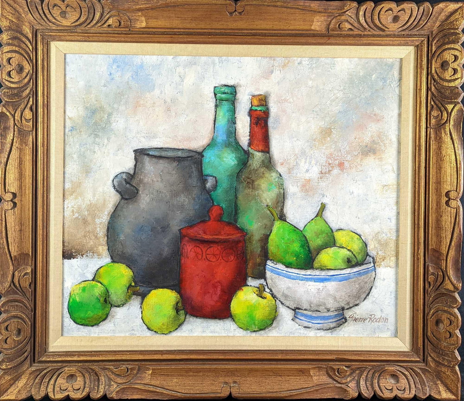 JB Framed Original Pierre Rondon Oil On Canvas Fruit: Here is an original framed oil on canvas of some pears, bottles of wine, and other items that would be found in a kitchen or dining room. The original is signed by the artist on the bottom right. The 