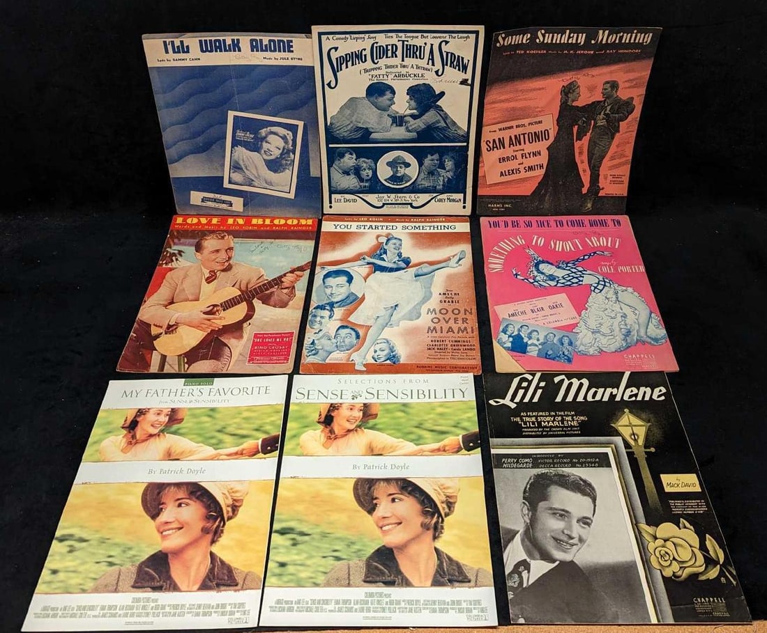 9 Vintage Classic Movie Music Sheet Music: 9 Vintage Classic Movie Music Sheet Music. This lot includes: (1) Selections From Sense And Sensibility. This was copyrighted in 1995. (1) My Father's Favorite From Sense And Sensibility. This was