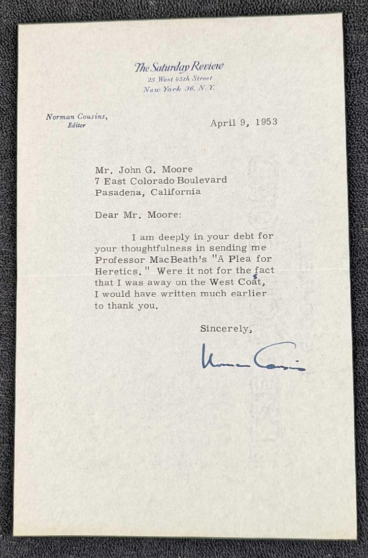 Signed Norman Cousins Saturday Review Letter: Signed Norman Cousins Saturday Review Letter. This was sent in 1953. The letter is approx 5 1/2" x 8 1/2" and it weighs 0.01lb. The letter has some creases due to being placed in an envelope. 