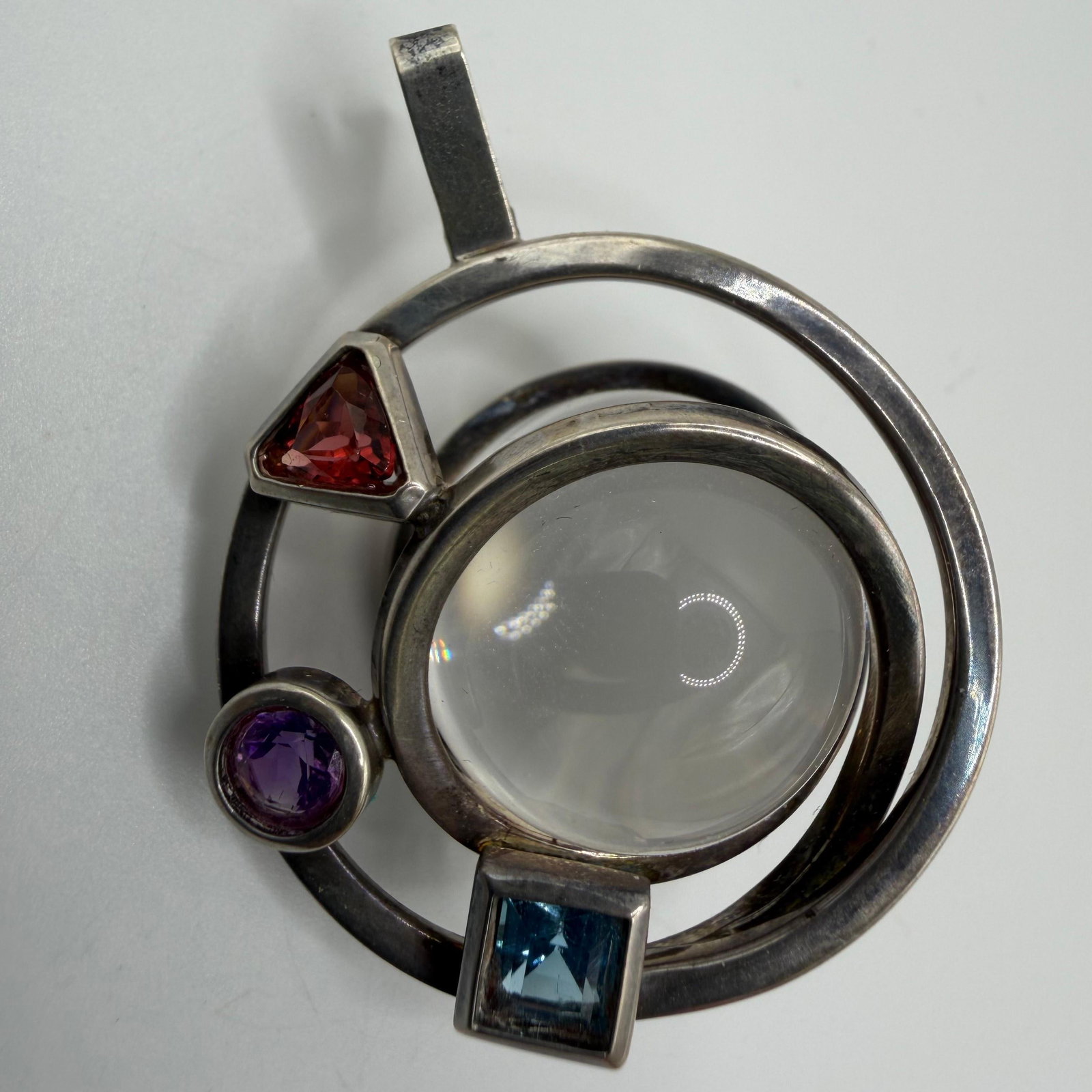 Modernist Rock Quartz Orb Sphere Sterling Silver Pendant: This item is in pre-owned, previously used/displayed condition with noticeable light wear and surface scratches. Please reference all photos for full details. This piece of jewelry has been tested and