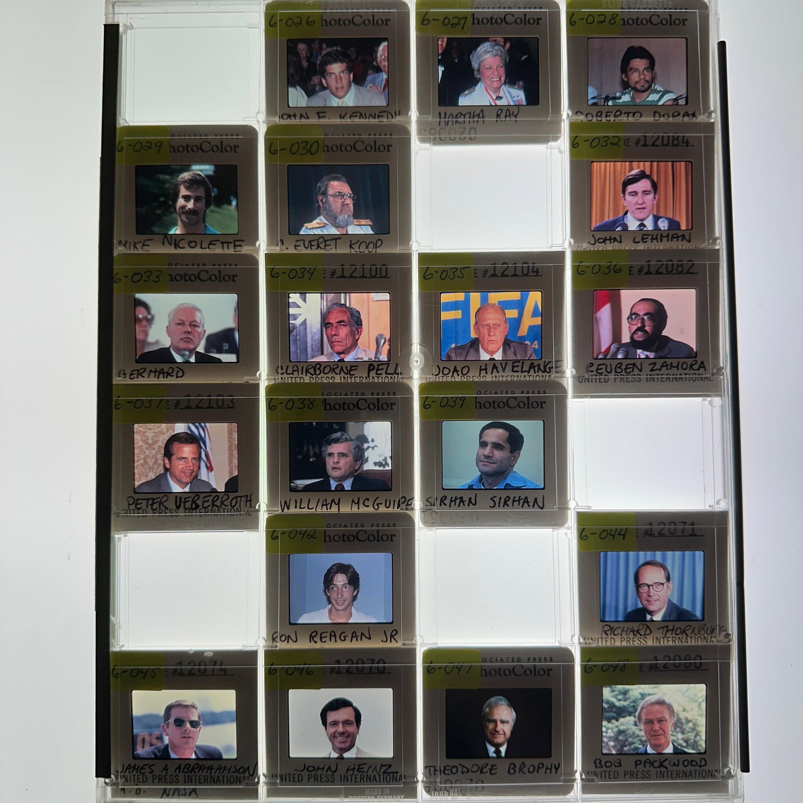 AP and UPI Press Photo Slides Featuring Sirhan Sirhan John F. Kennedy Jr.: Collection of vintage Associated Press and United Press International PhotoColor press slides featuring notable political, entertainment, sports, and historical figures. Identified subjects include Si