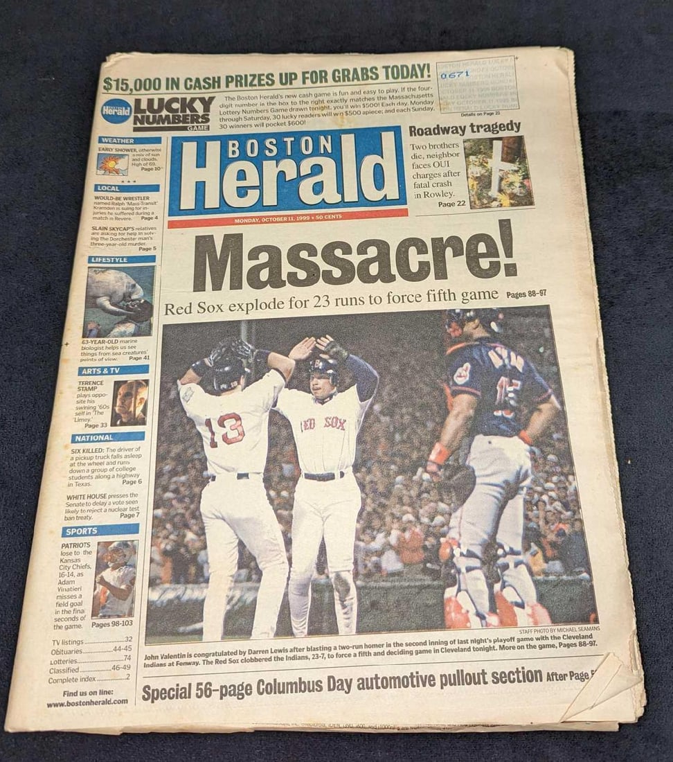 Boston Herald October 11, 1999 Boston Red Sox: Boston Herald October 11, 1999 Boston Red Sox. This is approx 11 1/2" x 1/4" x 15" and it weighs 0.74lb. The newspaper has some shelf wear.