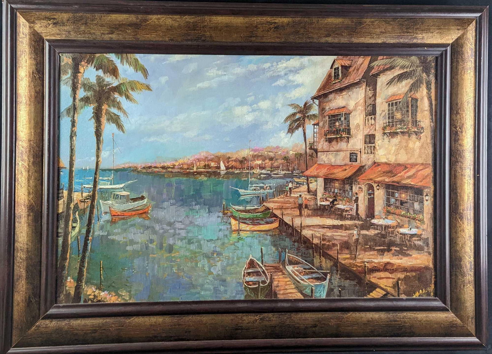 Framed My Favorite Pub By Ruane Manning: Framed "My Favorite Pub" By Ruane Manning. This is an art print that has a texture over the print that gives it more of an original appearance. The signature on the bottom right is also a copy and