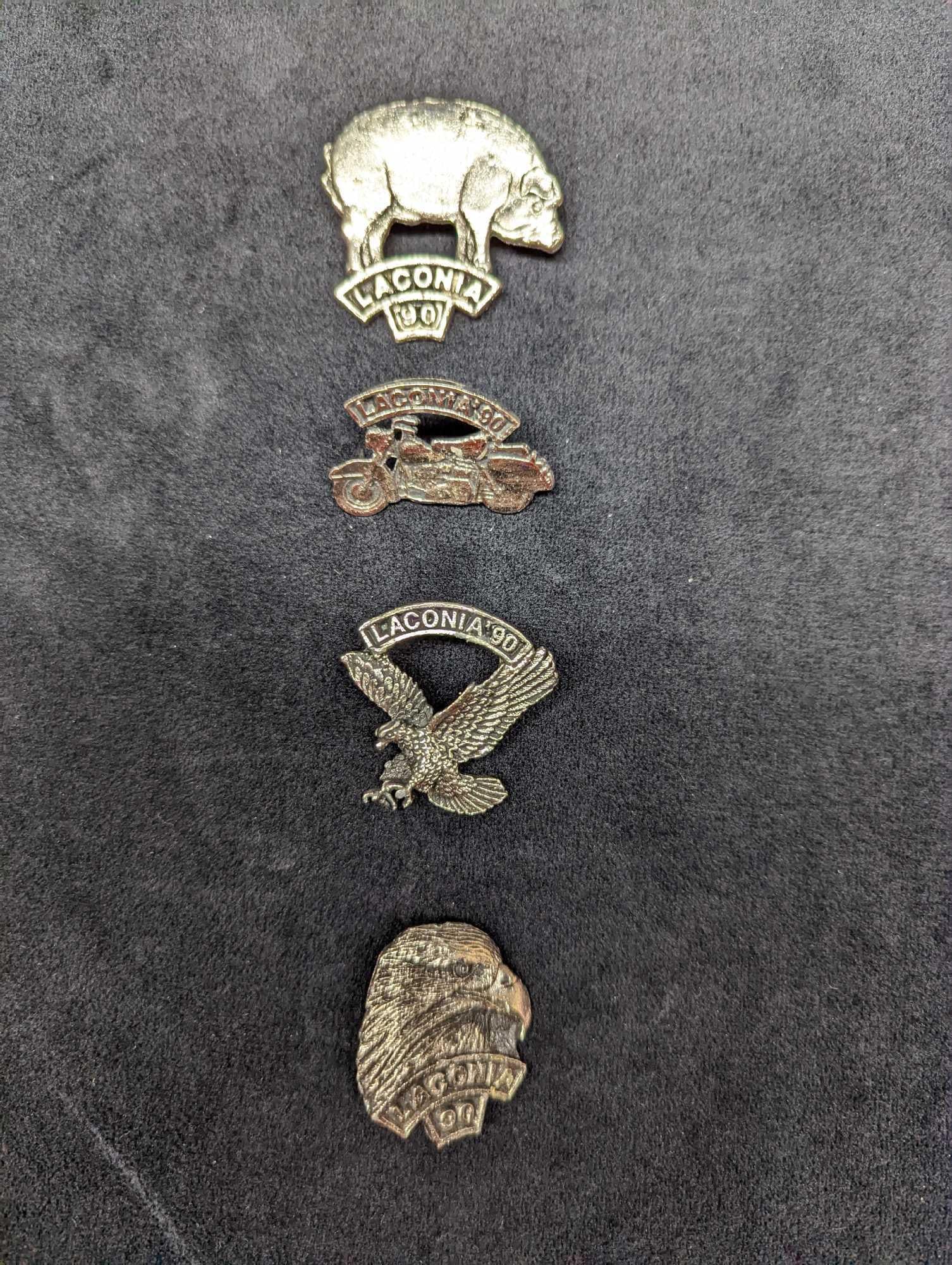 4 Silver Tone 1990 Bike Week Laconia Pinback Pins: 4 Silver Tone 1990 Bike Week Laconia Pinback Pins. This Bike Week took place in Laconia, New Hampshire. The rally was the largest annual gathering of North American motorcyclists until it was