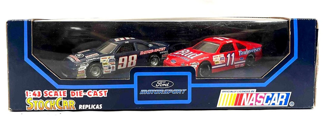 1992 NASCAR Ford Stock Car Replicas In Box Budweiser & Motorsport: This lot contains 1992 NASCAR Ford Stock Car Replicas In Box Budweiser & Motorsport. Team Thunderbird. The box is approx 10 1/2" x 3 3/4" x 3" and weighs about 0.5lbs. Overall the