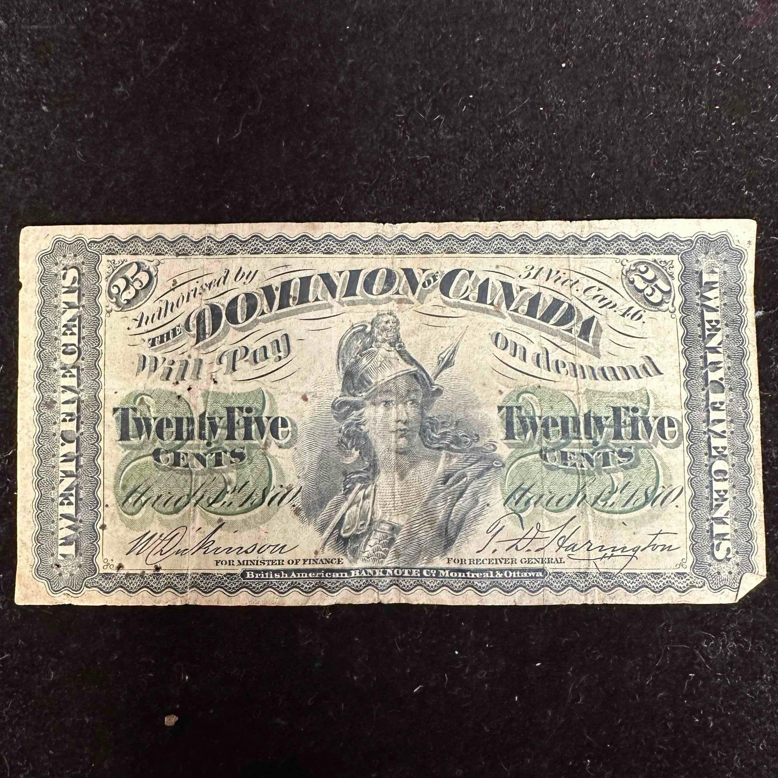 1870 Twenty Five Cents Dominion of Canada 25 Cent Bank Note: This item is in good pre-owned, previously displayed condition with light wear, creases, minor tears, and holes. Creased corners this bank note is worn due to age and storage. Please reference all pho