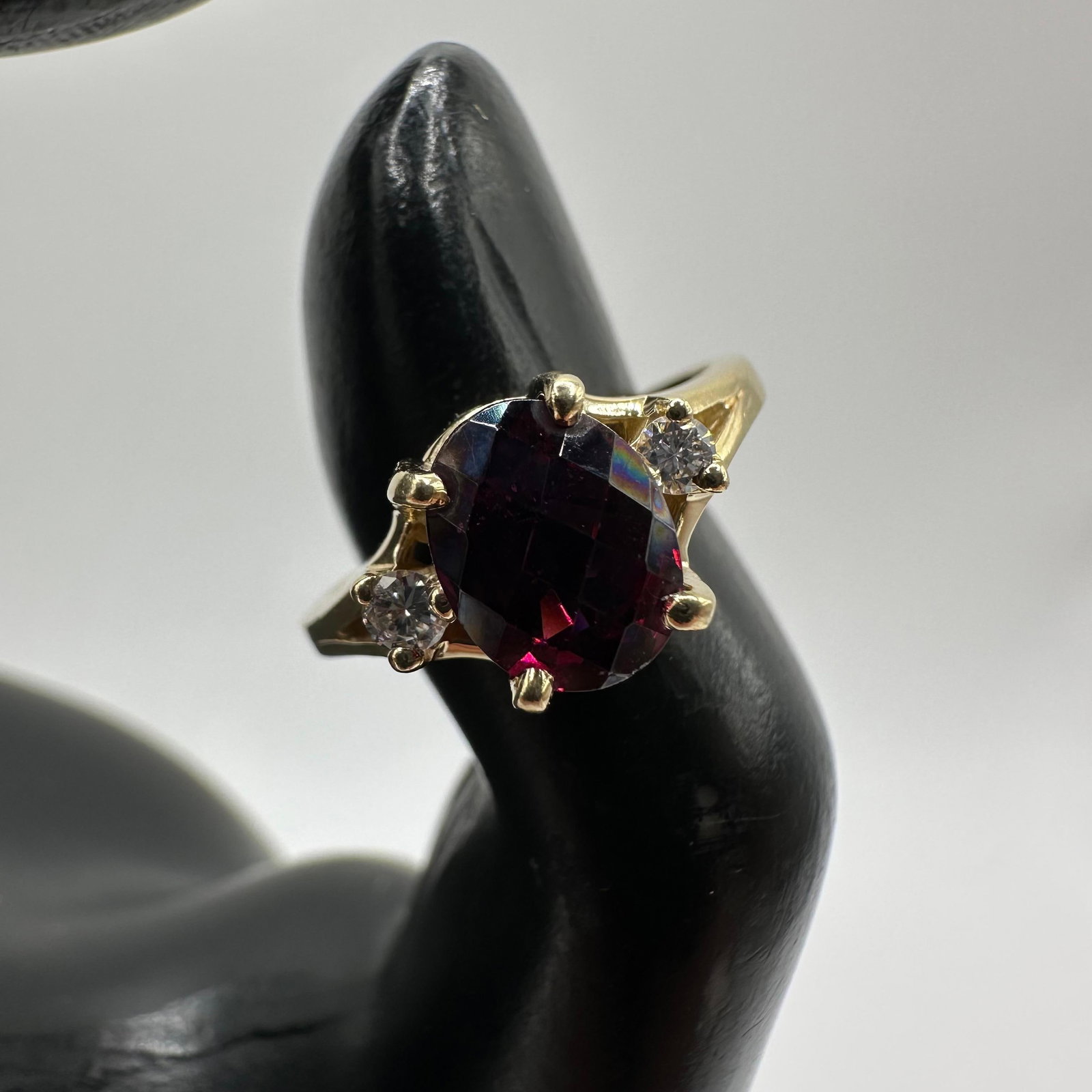 Rhodolite Garnet Two Accent Diamonds Yellow 14K Gold Ring (1 of 6)