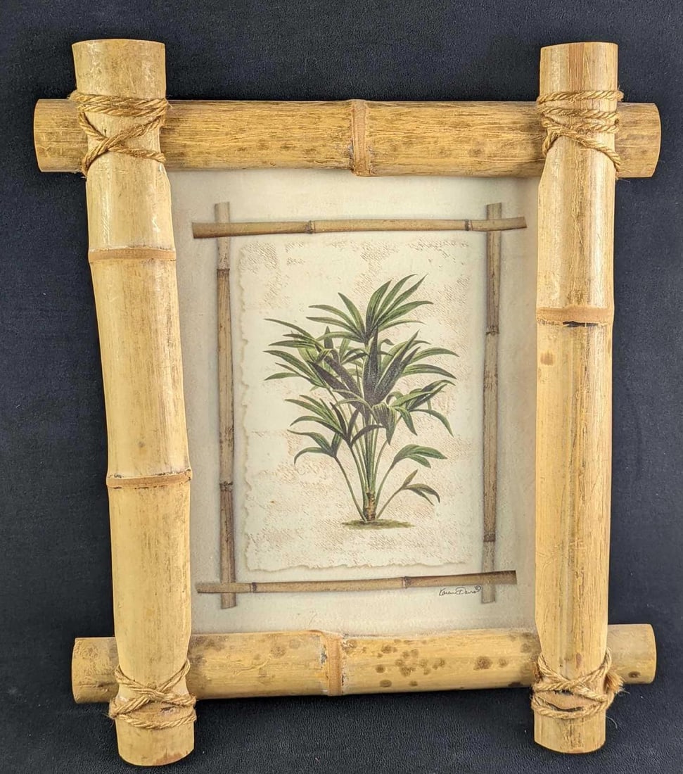 Framed Karen Davis Lees Palm Tree Print: Framed Karen Davis Lees Palm Tree Print With Real Bamboo frame. The framed print is approx 16 1/2" x 2" x 19 1/2" and it weighs 3lbs. The framed print is in a good, used condition with some debris