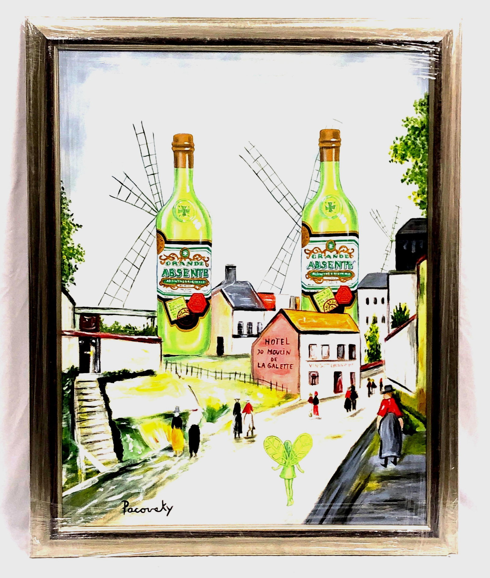 John Pacovsky & Absente / Absinthe - Commissioned, Signed, Framed - Acrylic on Canvas: Absente / Absinthe Marketing Ad - Painting Commissioned by Liquor Branding Executive. Signed and Framed Acrylic on Canvas by Artist John Pacovsky. Artwork was inspired by Maurice Utrillo Windmills of 