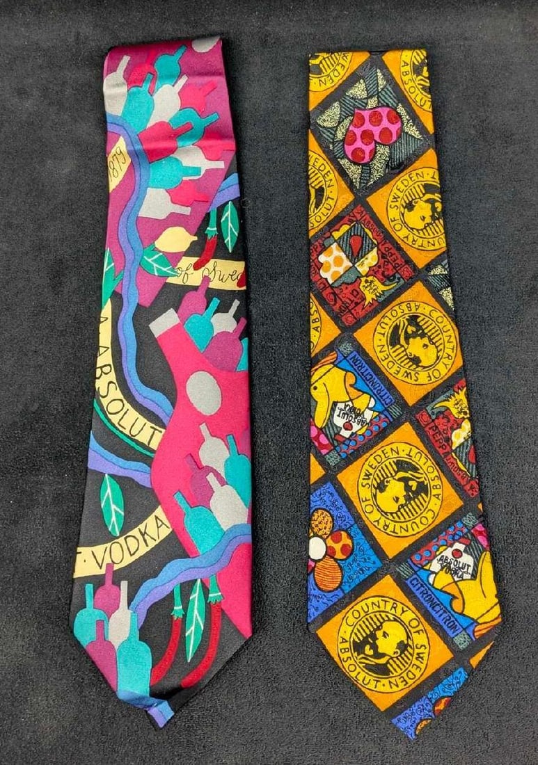 Absolut Vodka Romero Britto And Marcia G. Yerman Silk Ties B: Absolut Vodka Romero Britto And Marcia G. Yerman Silk Ties B. Rare ties come NIB. The packages are approx 16 1/2" x 4 1/2" and the total weight is 0.30lb. The packages have some markings.