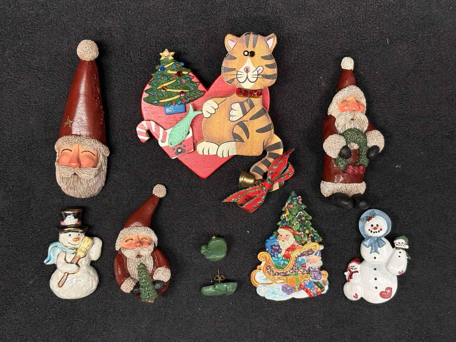 8pc Vintage Wooden Holiday Brooches featuring Kurt S Adler Striped Kitty (1 of 9)