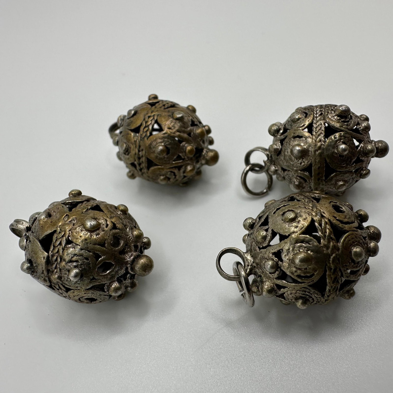 Silver Filigree Ball Charms Openwork Patterns Granulation Work - 2