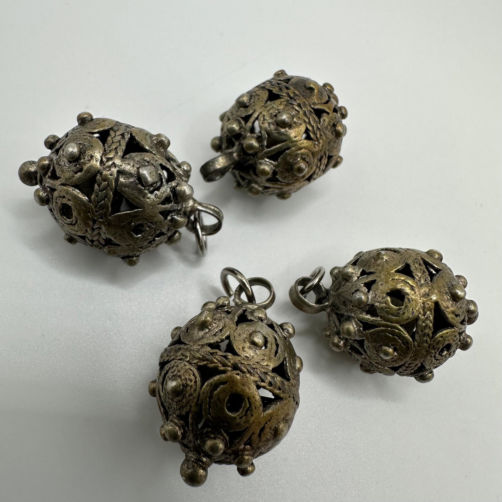 Silver Filigree Ball Charms Openwork Patterns Granulation Work - 9