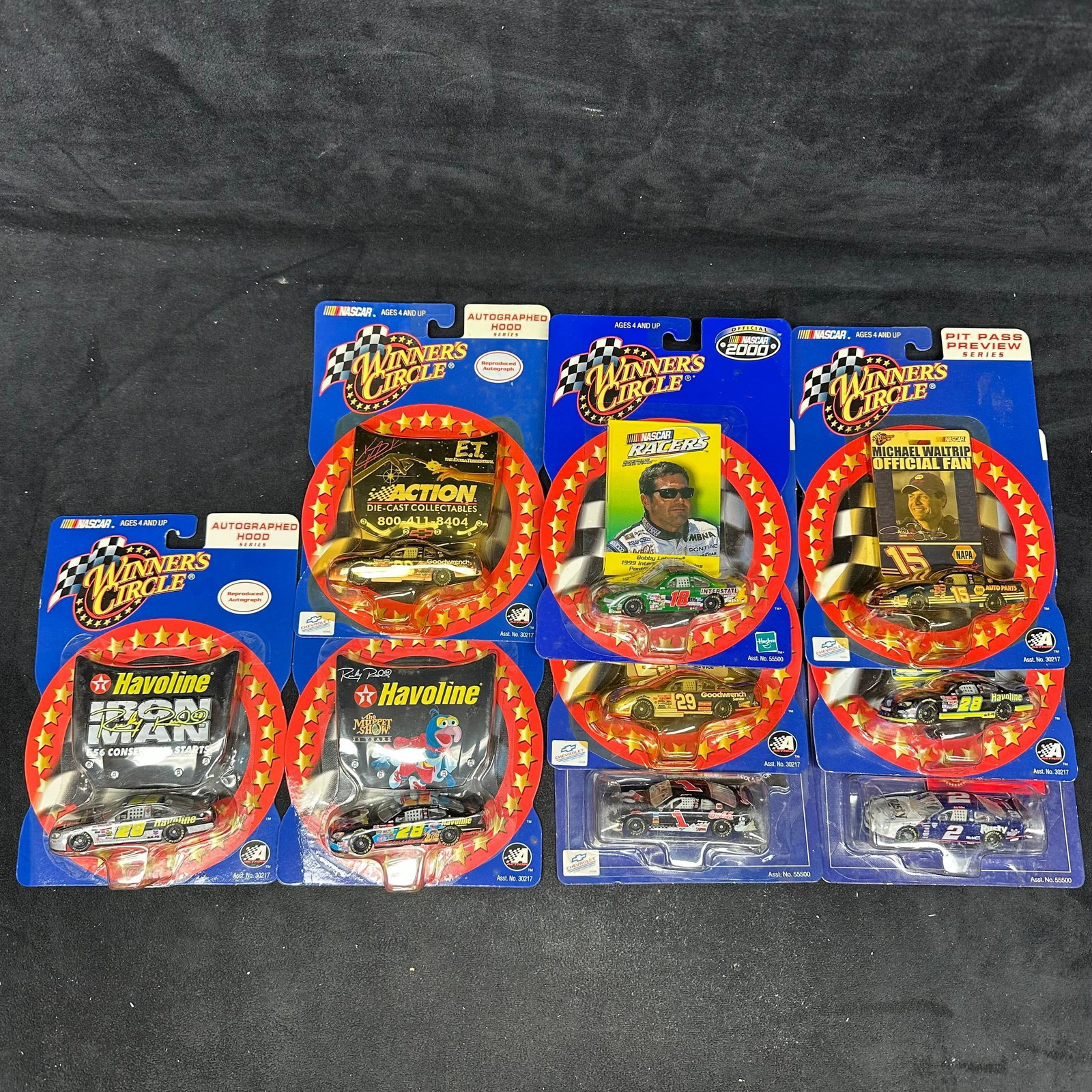 Winners Circle NASCAR Diecast Car Lot Havoline Ricky Rudd Dale Earnhardt Michael Waltrip: Group of Winners Circle NASCAR die-cast cars on original cards, including Havoline Ricky Rudd #28 variants, Dale Earnhardt #1 Coca-Cola car, Michael Waltrip #15 NAPA car, Bobby Labonte #18 Interstate 