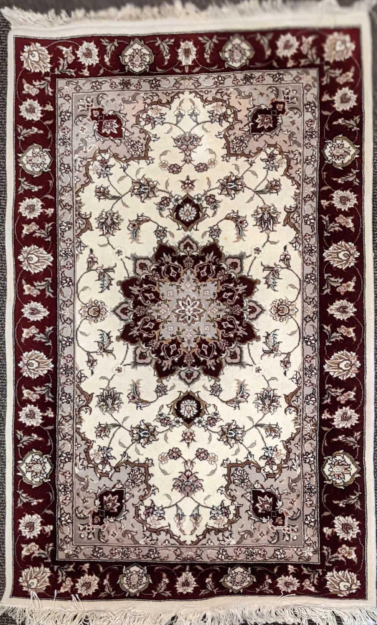 63' x 37" Oriental Plush Rug Red & Cream: Oriental Hand-Knotted Plush Rug With Red & Cream Colors. This is 63" x 37" inches and weighs 12lbs. The rug is in a good, used condition with some light wear and no stains. Please see the 