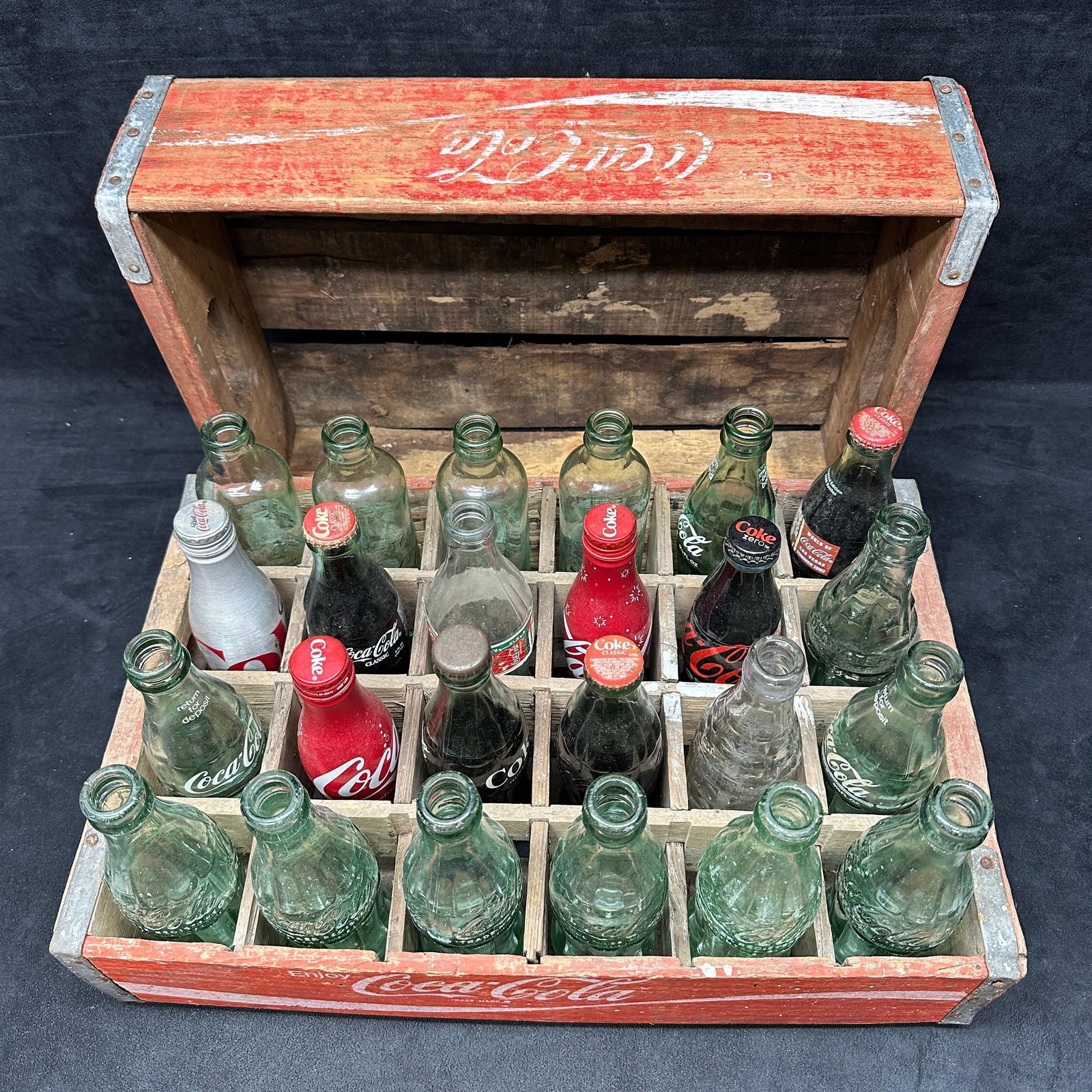Vintage Coca Cola Wooden Bottle Crate With Assorted Coke Bottles Red Crates (1 of 8)