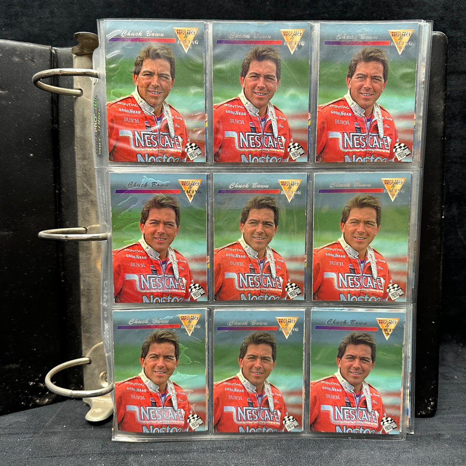Binder Lot Of NASCAR Racing Sport Trading Cards With Duplicates And Driver Inserts: Large binder lot of NASCAR racing trading cards, including Press Pass and Finish Line Racing issues featuring drivers such as Chuck Bown, Ricky Craven, Steve Grissom, Ward Burton, Todd Bodine, Harry G