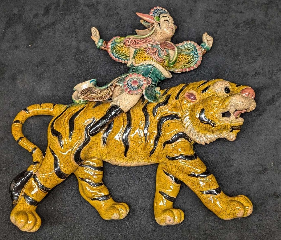 Vintage Hand Painted Ceramic Zhao Gongming With Tiger Wall Art: Vintage Hand Painted Ceramic Zhao Gongming With Tiger Wall Art. This appears to be a wall figurine of Zhao Gongming, a Chinese god known for riding exotic mounts like the tiger. He is also the god of 