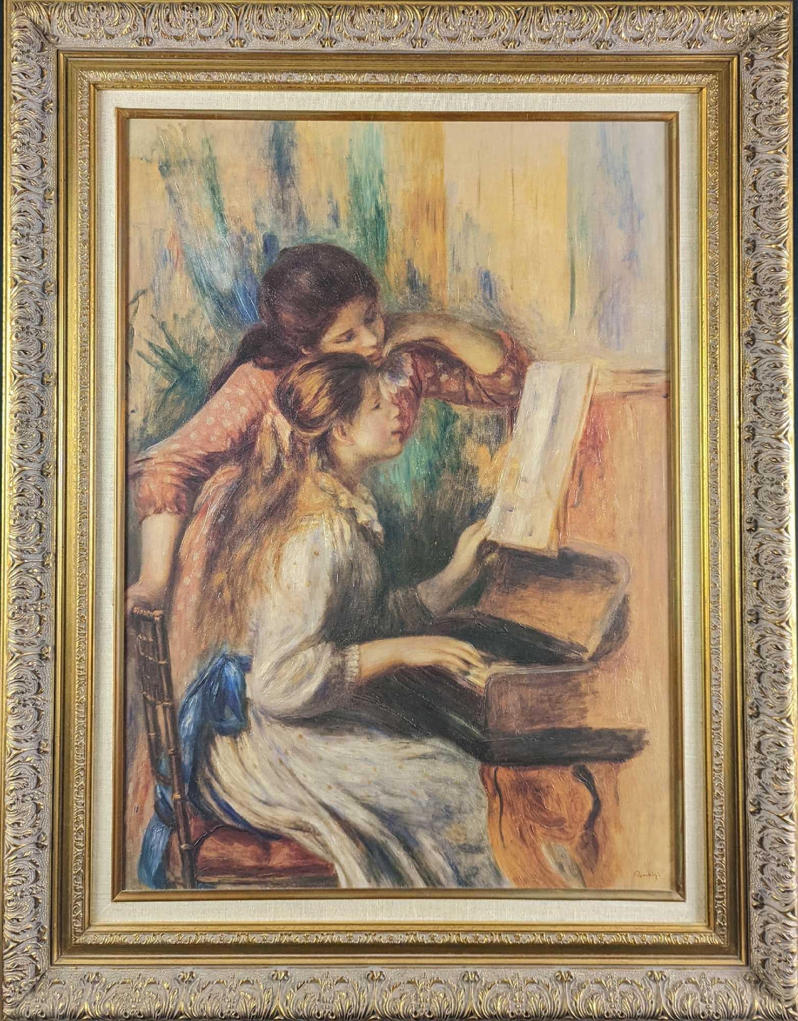 JB Ethan Allen Renoir Girls At Piano Embellished Print: Here is an framed embellished canvas print of Pierre-Auguste Renoir's "Young Girls at the Piano". This was released under Ethan Allen's "Collector Classics" series. Please note, the signature on 