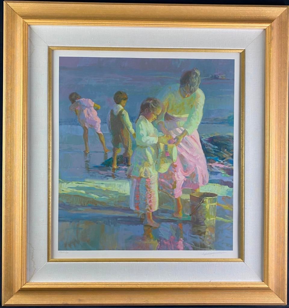 Don Hatfield Signed Print "Playing at the Beach": Don Hatfield Signed Print "Playing at the Beach" This is a limited edition Don Hatfield signed serigraph print of "Playing at the Beach" done in the early 1990s. Hatfield is a