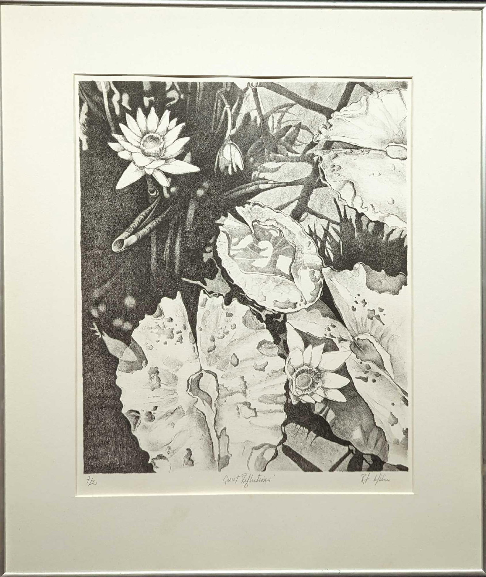 Framed LE Quiet Reflections Print: Framed LE Quiet Reflections Print. This one is #7 out of #20. The print is signed by the artist on the bottom right. We cannot make out the name. The framed print is approx 19 7/8"x 1" x 23 3/4" and