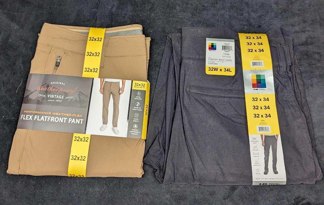 Men's 32x32 & 32x34 Water Repellent Pants: Men's 32x32 & 32x34 Water Repellent Pants. This lot includes: (1) Original Weatherproof Flex Flatfront Pants. Men's size 32x32. 95% Nylon & 5% Spandex. (1) LB Tech Comfort Waist