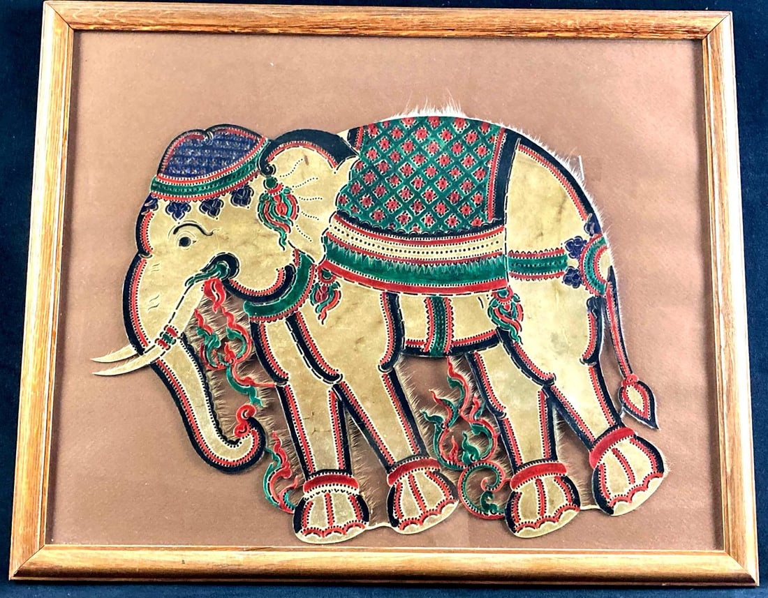 Elephant Skin Design Framed: This lot includes: (1) Elephant Skin Design Framed Condition is used and see photographs for additional details. The Elephant was made from elephant skin and was brought home amongst many other items