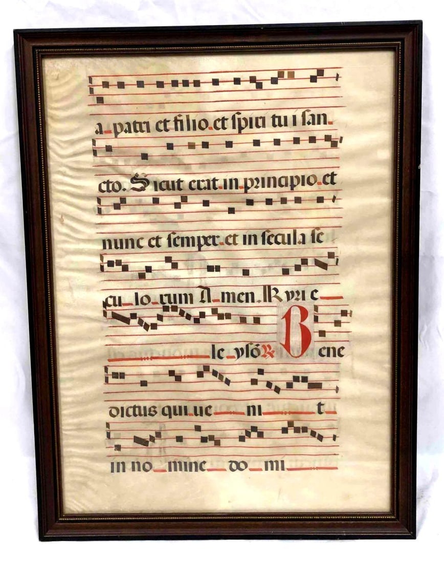 Antique Framed Medieval Period Music Sheet On Animal Parchment (1 of 4)