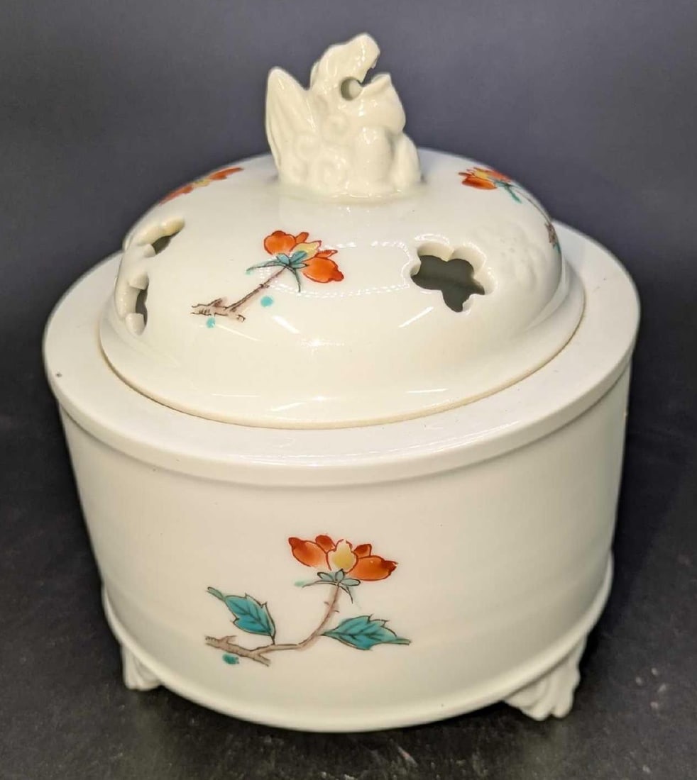 Vintage Japanese Porcelain Incense Pot Burner R34: Vintage Japanese Porcelain Incense Pot Burner R34. Made in Japan. This is approx 3 1/2" x 3 1/2" x 4" and it weighs 0.51lb. The burner pot has some small markings.