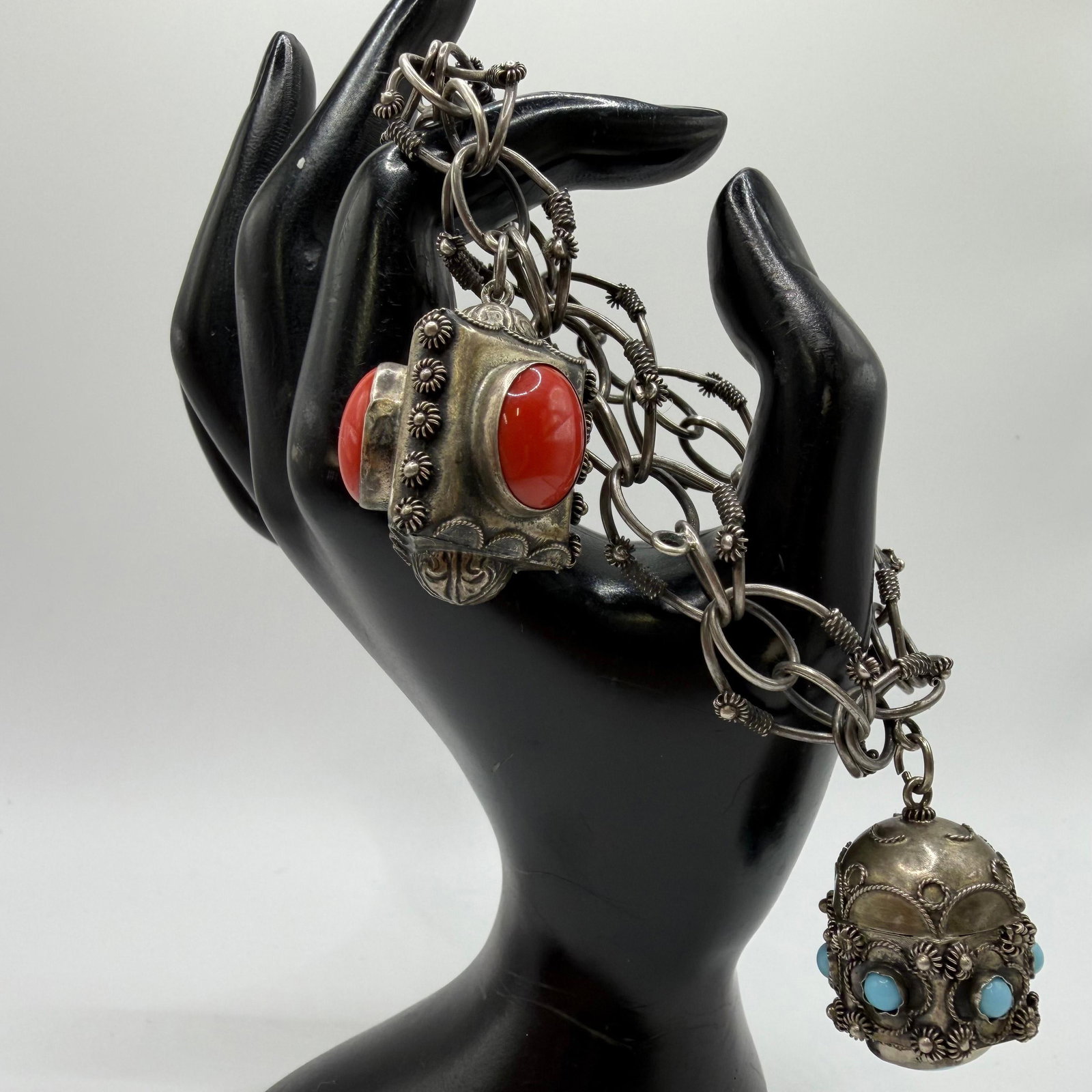 Two Fob Charm 800 Silver Bracelet Intricate Silverwork Floral Motif: This item is in good pre-owned, previously used/displayed condition with noticeable light wear and surface scratches. Please reference all photos for full details. This piece of jewelry has been caref