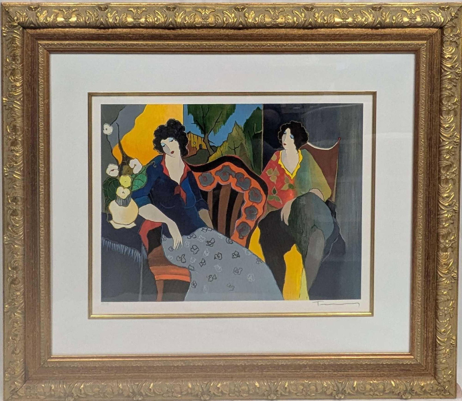Framed S&N Itzchak Tarkay Quiet Times: Framed S&N Itzchak Tarkay Quiet Times. This is approx 27" x 31 1/2" x 1 1/4" and it weighs 9.20lbs. This was signed by Itzcgak Tarkay in pencil on the bottom right of the print. This was released in