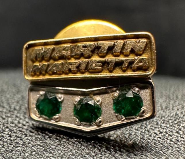 14k Gold Emerald Martin Marietta Service Pin: This piece of jewelry has been tested and researched prior to listing. Please view all our pictures they are part of our description. DETAILS: Metal - 14k Gold Color - Yellow & White Gold Stones -